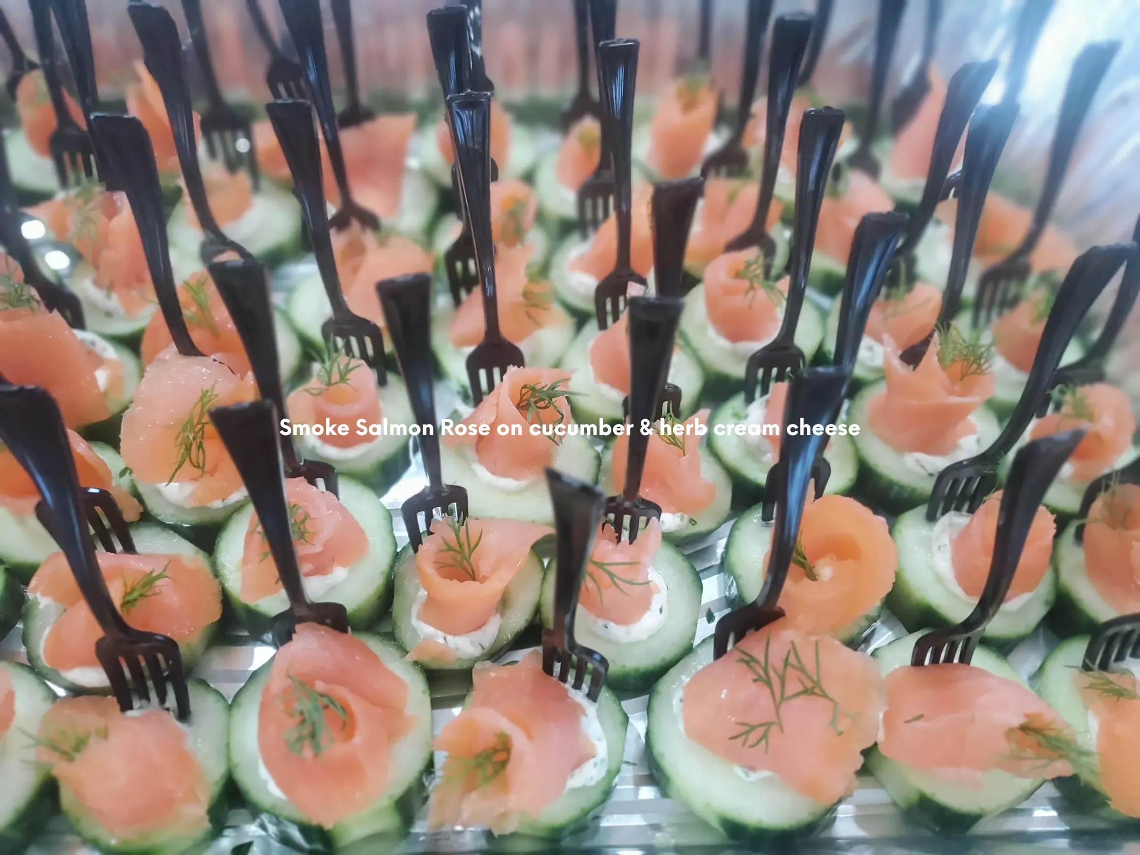 Smoked Salmon Rose On Cucumber And Herbed Cream Cheese - Wadadli Flare Catering